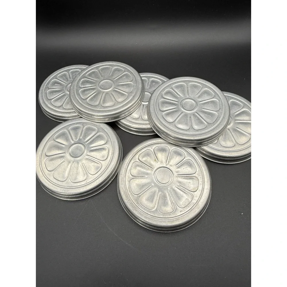 Vintage Set 7 Coasters & Holder MID-CENTURY Hand Forged Aluminum Daisy Motif MCM